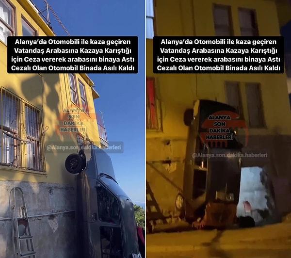 "@alanya.son.dakika.haberleri" isimli Instagra hesabı tarafından paylaşılan görüntülerde, bir aracın binaya asılı halde durduğu görülüyor.