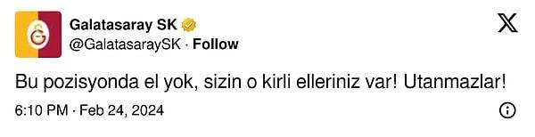 Fenerbahçe ile şampiyonluk için yarışan Galatasaray, sosyal medya hesabından “Bu pozisyonda el yok, sizin o kirli elleriniz var! Utanmazlar!” Paylaşımında bulundu.