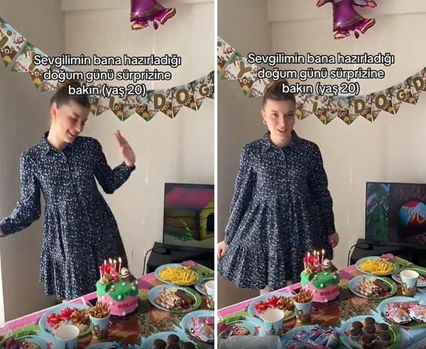 'Çocuk doğum günü partisi' konseptli bir doğum günü partisi sürprizi hazırlanan 20 yaşındaki kadının o anlarda çocuk şarkısıyla dans ettiği görülüyor.