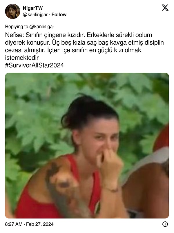 Nefise: "İçten içe sınıfın en güçlü kızı olmak istemektedir."