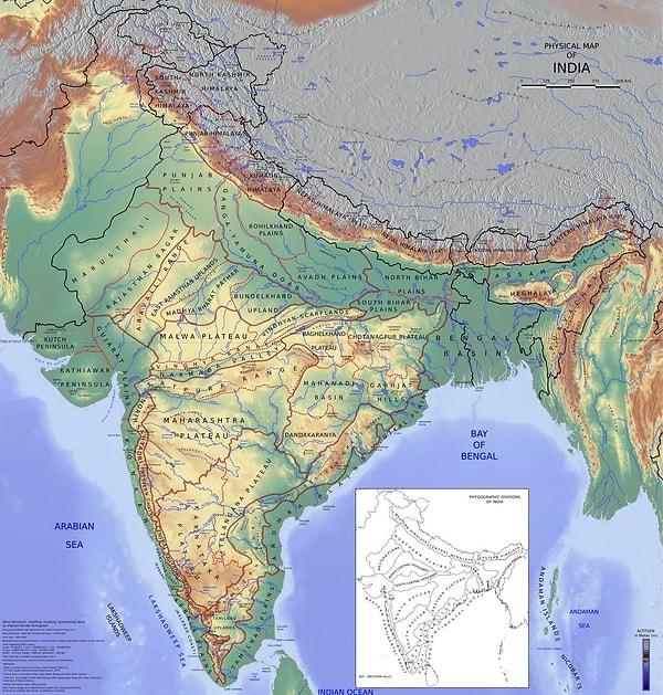 11. Hindistan ve çevresindeki ülkelerin fizyografik haritası:
