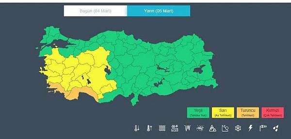 İçişleri Bakanı Ali Yerlikaya Yerlikaya, sosyal medya heabından yaptığı açıklama 5 Mart Salı günü (yarın) aşırı yağış ve kuvvetli fırtına beklendiğini ifade ederek 2 kente turuncu, 14 kente sarı kod uyarısı yaptı.