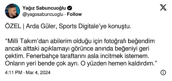 Sports Digitale'e konuşan Güler, “Milli Takım’dan abilerim olduğu için fotoğrafı beğendim ancak alttaki açıklamayı görünce anında beğeniyi geri çektim. Fenerbahçe taraftarını asla incitmek istemem. Onların yeri bende çok ayrı. O yüzden hemen kaldırdım.” dedi.