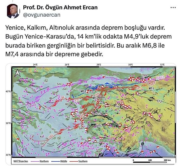 Ercan, “Yenice, Kalkım, Altınoluk arasında deprem boşluğu vardır. Bugün Yenice-Karasu’da, 14 km’lik odakta M4,9’luk deprem burada biriken gerginliğin bir belirtisidir. Bu aralık M6,8 ile M7,4 arasında bir depreme gebedir” açıklaması yaptı.