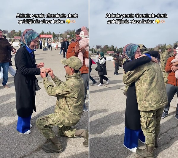 Yemin törenine gelen sevgilisine evlilik teklifi eden askerin o görüntüleri sosyal medyada viral oldu.