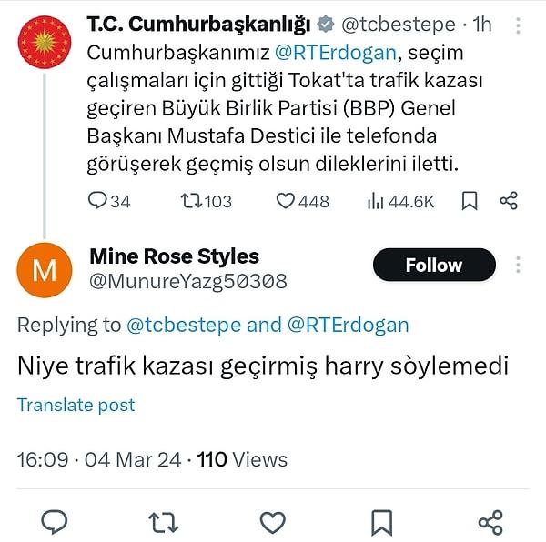 Bir başka X kullanıcısının dikkatini çekince ortaya çıkan bu kullanıcı Harry Styles'ı eşi, Cumhurbaşkanı Erdoğan'ı ise babası zannediyor.