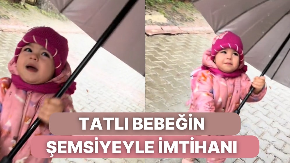 Kar Yağarken Kendinden Büyük Şemsiyeyi Tutmaya Çalışan Bebeğin Tatlı Anları İçinizi Isıtacak