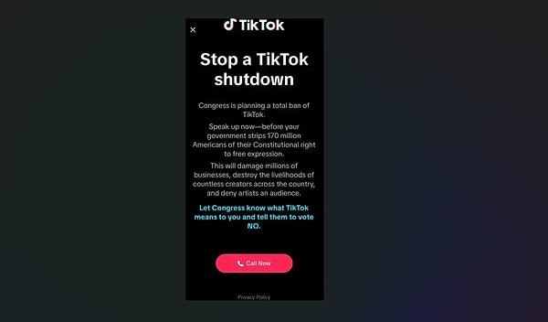 Açılış ekranında gösterilen mesajda, TikTok'un ABD genelinde yasaklanmak üzere olduğu ifade ediliyor ve insanlardan yetkililerle görüşmeleri isteniyor.