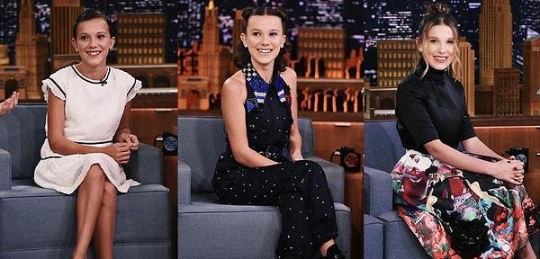 Making her sixth appearance on Jimmy Fallon's show recently, Millie Bobby Brown's almost-thirty look has once again become the center of attention.  8- The child star, known for her unchanging exaggerated and self-assured style, continues to confidently step in front of the cameras, maintaining a consistent presence in the spotlight.