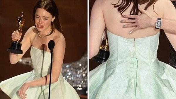 Ödül almak için sahneye çıktığı sırada elbisesinin dikişleri patlayan ve gözyaşlarına boğulan Emma Stone, talihsiz anları yüzünden isyan etmeyi da unutmadı.