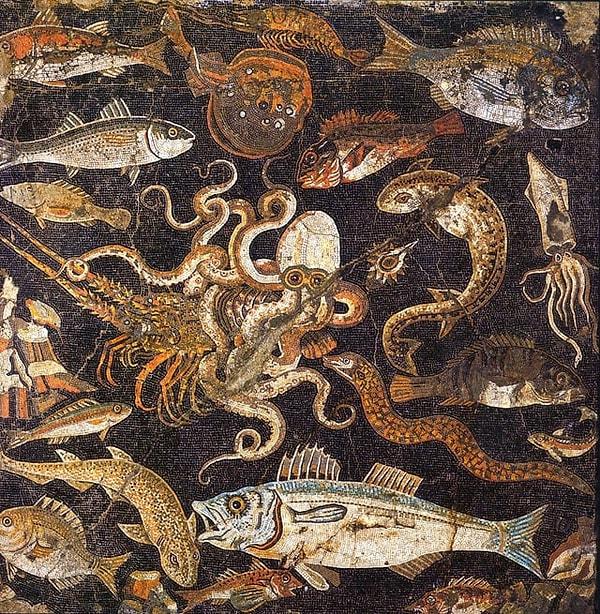3. Pompeii'deki bir evde bulunan, su altındaki yaşamı tasvir eden Roma mozaiği.  (M.Ö. birinci yüzyıl)