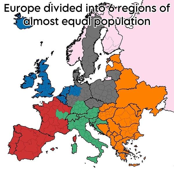 4. Eşit nüfuslara ayrılmış Avrupa haritası.