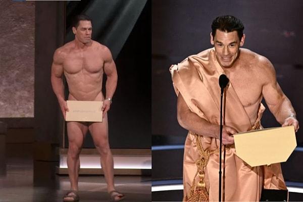 Ödül zarfını açamayan Cena sonradan üzerine geçirdiği kumaşla adeta Yunan tanrısı görünümü sergileyerek 'Poor Things' filmini ödülüne kavuşturmuştu...
