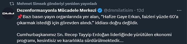 Erkan'ın ayrılışından "önerdiği" başkanla yola devam edeceklerini açıklayan Hazine ve Maliye Bakanı Mehmet Şimşek de bu paylaşımı kendi hesabından yayınladı.