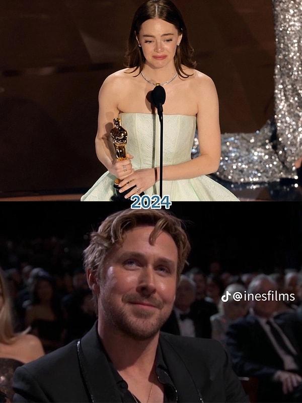 Aynı bakış bu yılki Oscar töreninde de geldi. Ancak siz de fark etmişsinizdir ki Ryan Gosling'in yüzünü görünce 'Senin yüzüne ne olmuş?' demekten kendimizi alıkoyamadık.