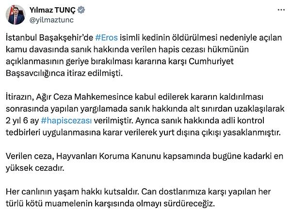 Adalet Bakanı Yılmaz Tunç tepkilerin ardından Keloğlan'a verilen cezanın Hayvanları Koruma Kanunu kapsamında bugüne kadarki en yüksek ceza olduğunu açıkladı.
