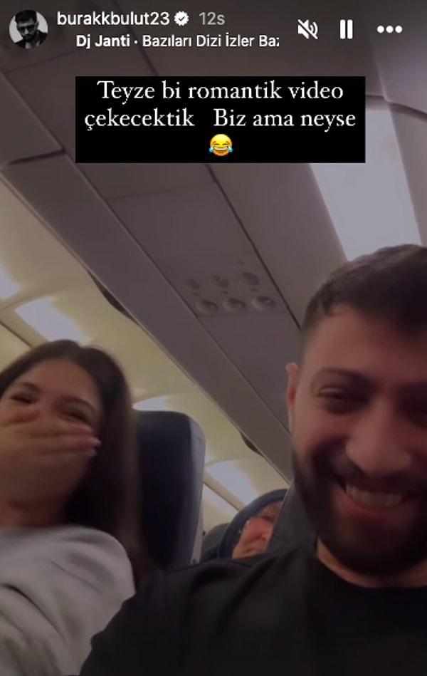 Şimdi ise uçakta romantik bir video çekmeye çalıştıklarını söyleyen çiftin videosunda bir teyzenin ısrarla çıkmak istemesi kahkaha attırdı.