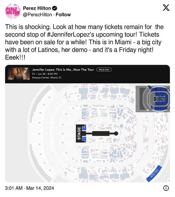 Perez şunları yazdı: "Bu şok edici. Bakın Jennifer Lopez'in yaklaşan turnesinin ikinci durağı için kaç bilet kalmış! Biletler bir süredir satıştaydı! Konser Miami'de (Jlo'nun ürünü olan çok sayıda Latin'in yaşadığı büyük bir şehir) hem de bir Cuma gecesi! Iyyy!!!"