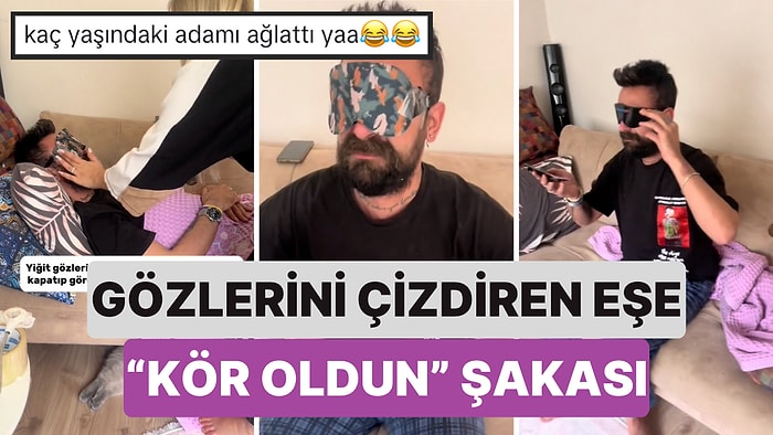 Göz Çizdirme İşlemi Yaptıran Eşinin Koruyucu Gözlüğünü Uyku Gözlüğüyle Kapatıp Kör Oldun Şakası Yapan Kadın