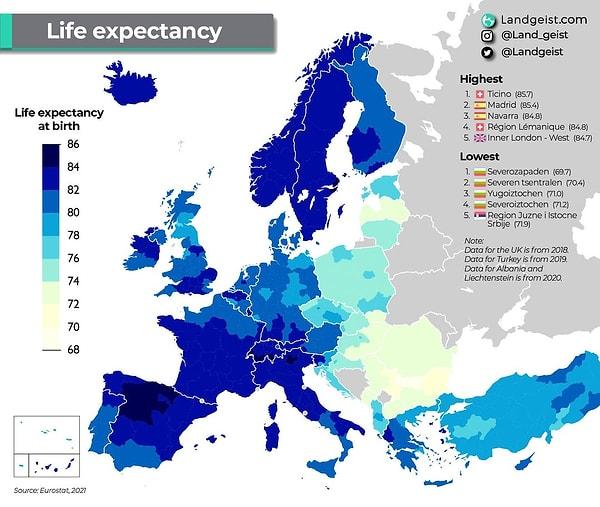 12. Avrupa'da yaşam beklentisi.