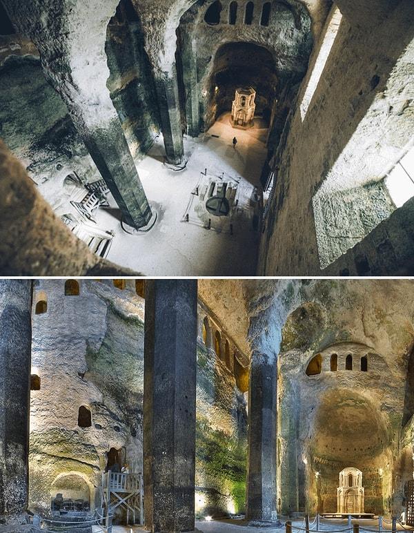 13. Fransa'daki yekpare yeraltı Saint-Jean kilisesi, 7. yüzyılda bir kayalığa oyulmuş ve 12. yüzyılda Benediktin rahiplerinden oluşan bir topluluk tarafından büyük ölçüde genişletilmiştir. Yarım daire kemerli tonozun kilise ortasına kadar olan mesafe yaklaşık 20 metredir.