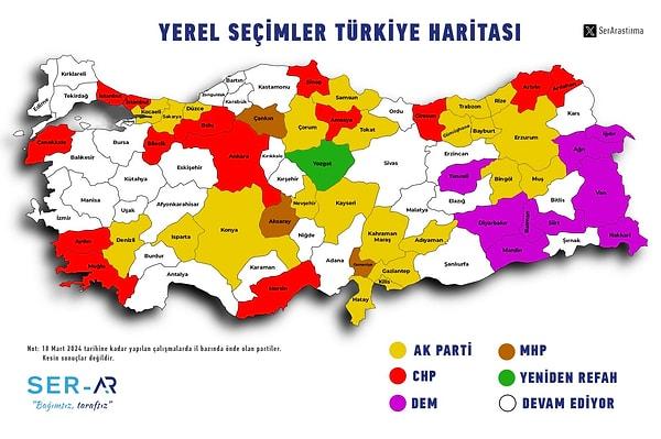 Son olarak Ser Araştırma şirketi, yerel seçimler Türkiye haritası tahminini yayınladı;