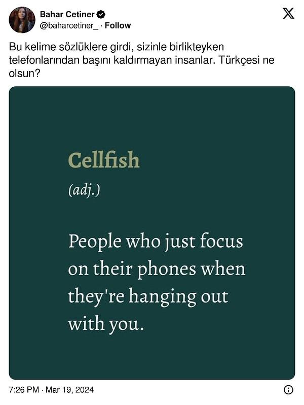 Hal böyleyken ve cellfish sözcüğü sözlüklere dahi girmişken kelimenin Türkçe karşılığının ne olabileceği de tartışma konusu oldu.