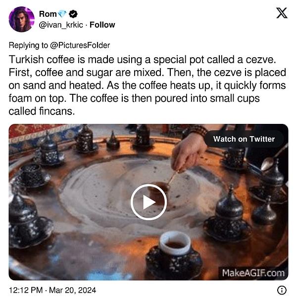 "Türk kahvesi cezve adı verilen özel bir kapta yapılır. Öncelikle kahve ve şeker karıştırılır. Daha sonra cezve kumun üzerine konularak ısıtılır. Kahve ısındıkça üstünde hızla köpük oluşur. Kahve daha sonra fincan adı verilen küçük fincanlara dökülür."