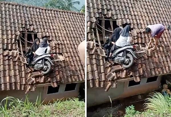 İki kardeş, motosikletleriyle gezerken bir anlığına kontrolü kaybedince bir evin çatısına uçtular.