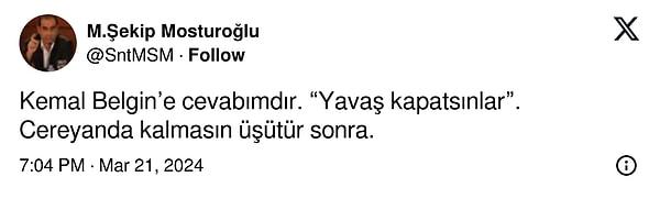 Türkiye Futbol Federasyonu ve Fenerbahçe’nin eski asbaşkanlarından Mehmet Şekip Mosturoğlu, Belgin’e Twitter’dan tepki gösterdi👇
