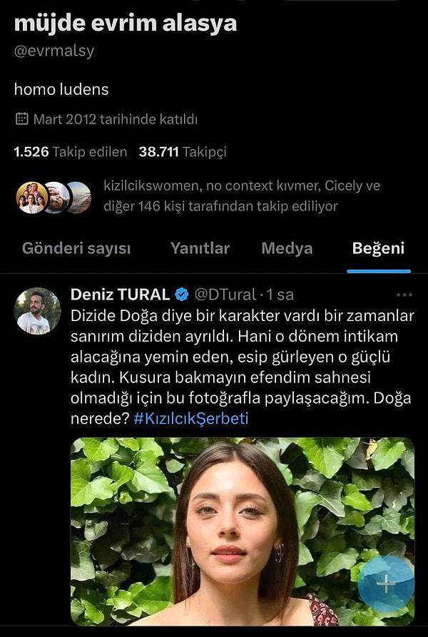 Deniz Tural adlı kullanıcının haklı isyanını beğenen Evrim Alasya, böylece rol arkadaşı Sıla Türkoğlu'na desteğini esirgemedi.