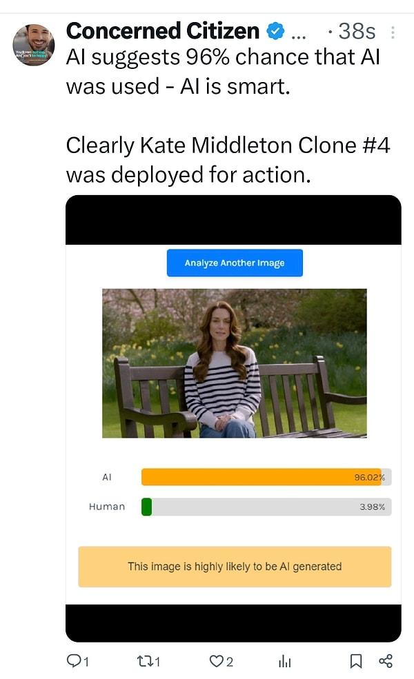 Middleton'ın videosunu 'Gerçek mi, yapay zeka mı?' testine tabi tutan kullanıcılar, yüzde 96 gibi yüksek bir oranla videonun 'yapay zeka' uyarısı verdiğini gördü.