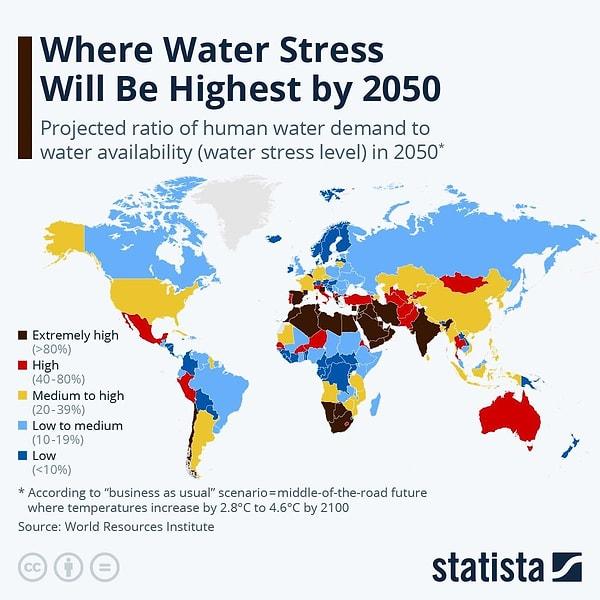 3. 2050 yılında su sorunlarının en çok gözükmesi beklenen yerler.