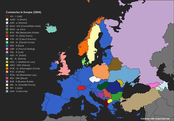 15. 2024'te Avrupa'da kullanılan para birimlerinin haritası.