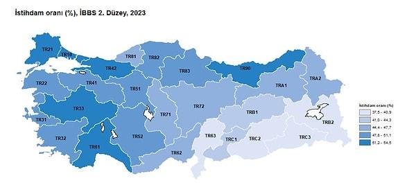 İstihdam oranı en yüksek bölge Tekirdağ, Edirne, Kırklareli, en düşük istihdam oranı ise %37,5 ile Mardin, Batman, Şırnak, Siirt Bölgesi oldu.
