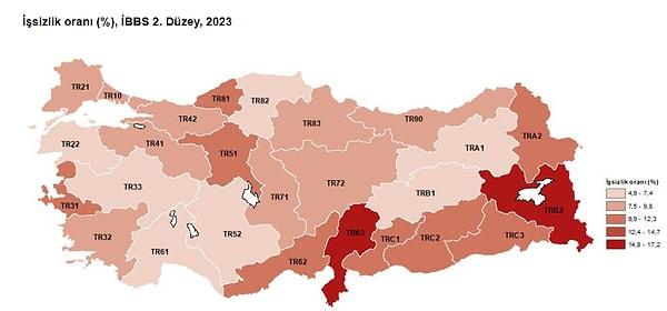 İşsizlik oranı en yüksek bölge Van, Muş, Bitlis, Hakkari, işsizlik oranı en düşük bölge de %4,9 ile Kastamonu, Çankırı, Sinop oldu.