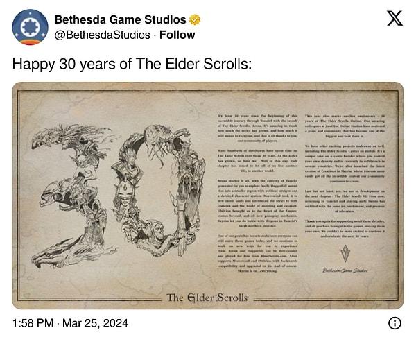 30. yaşını kutlayan The Elder Scrolls serisi için Bethesda tarafından yayınlanan mesajda ise The Elder Scrolls 6'dan yeni haberler var.