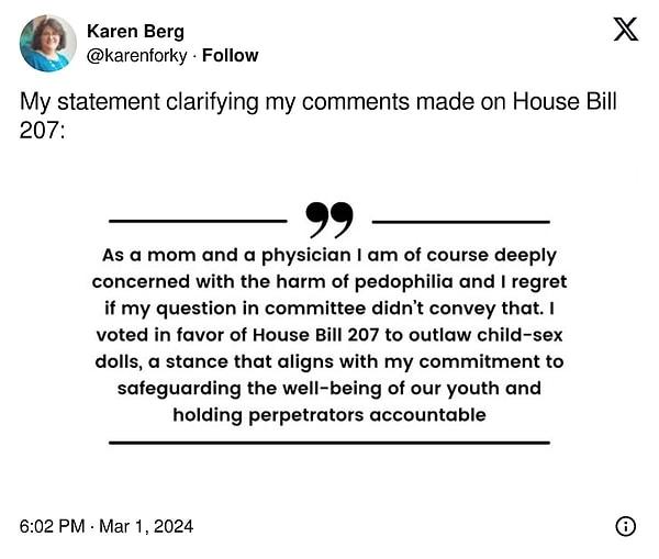 On March 1, the Democratic senator responded to the criticisms via social media. Karen Berg made a post on X platform addressing the issue.