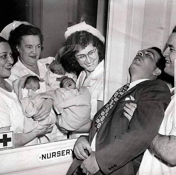 5. Eşinin üçüz doğurduğunu öğrenince mutluluktan bayılan bir baba. (New York, 1946.)