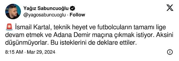 Fenerbahçeli futbolcuların ligden çekilmek istemediğini ve şampiyonluk yarışına devam etmek istediklerini söylediği paylaşım şöyleydi👇