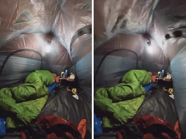 Bir kampçı fırtınalı bir gecede, kamp çadırında uyumanın nasıl bir şey olduğunu göstermek için gece çadırına kamera kurdu.