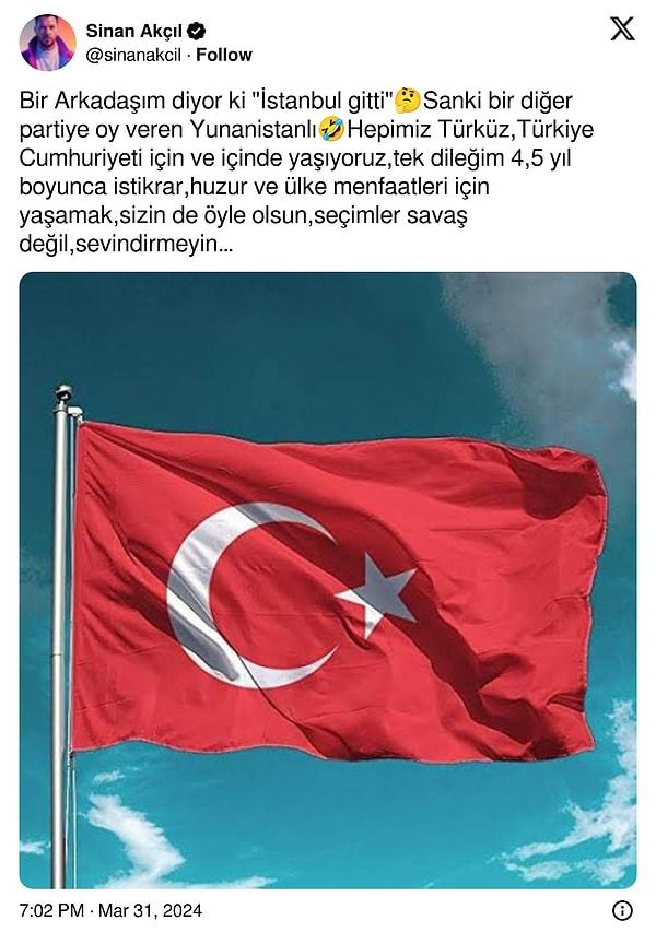 İstanbul'da Ekrem İmamoğlu'nun kazanmasıyla, Serengil'e 'Yazık' diyen Sinan Akçıl'dan birlik ve beraberlik temalı bir paylaşım geldi.