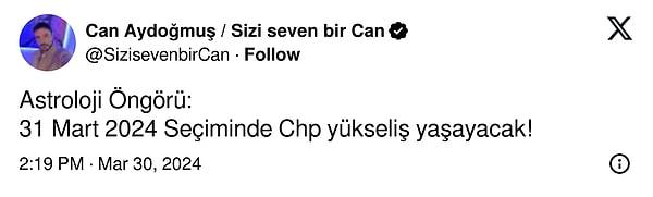 Aydoğmuş gemiş paylaşımlarında Ekrem İmamoğlu'nun kazanacağını ve CHP'nin yükseliş yaşayacağını yazmıştı.