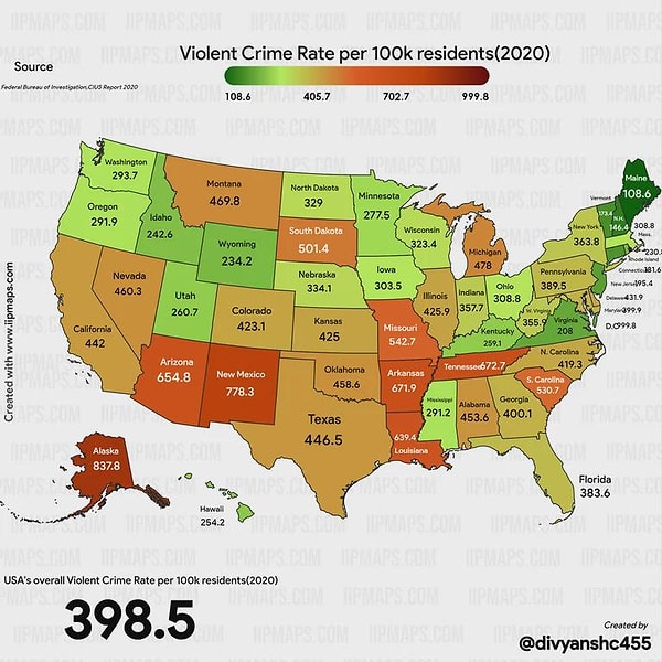 13. Şiddet içeren suç oranlarına göre Amerika eyaletleri.