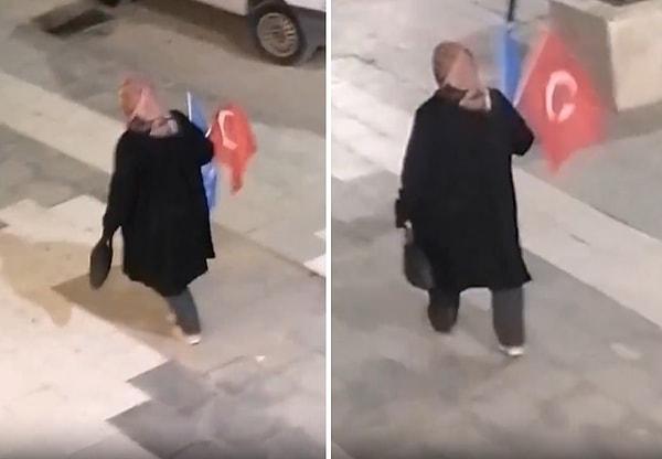 Türkiye'nin dört bir yanında büyük bir başarı sağlayan CHP'nin zaferi tüm yurtta coşku ile kutlanırken, elinde AK Parti bayrağı bulunan bir kadının da tek başına caddede yürüdüğü anlar görüntülendi.