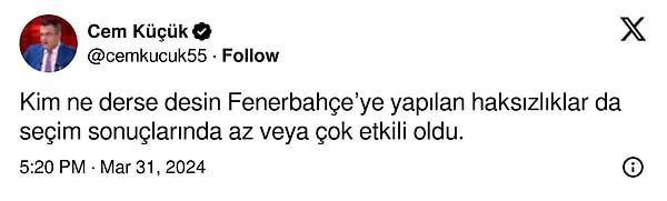 Gazeteci Cem Küçük de sosyal medya hesabından seçime sonuçlarına dair paylaşımda bulundu. Küçük, paylaşımında Fenerbahçe'ye dikkat çekti.