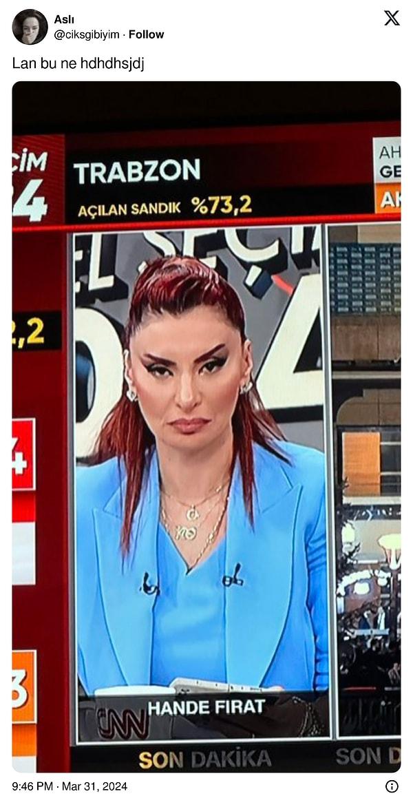 Ama onlardan biri var ki o kadar sandık sonuçlarının, adaylarının ve partilerin mizahının yapıldığı yerde oldukça dikkat çekti. X'te @ciksgibiyim adlı bir kullanıcı, CNN Türk sunucusu Hande Fırat'ın kaşlarını paylaşarak çok farklı bir goygoyun fitilini ateşledi.