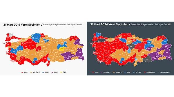 Solda açık renk fonu olan Türkiye seçim haritası 2019 yerel seçimlerini, koyu renk fonu olan da Mart 2024 seçimlerinin sonuçlarını gösteriyor.