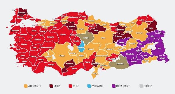 Seçimlerin sonuçlanmasının ardından Türkiye haritası aşağıdaki gibi şekillendi;