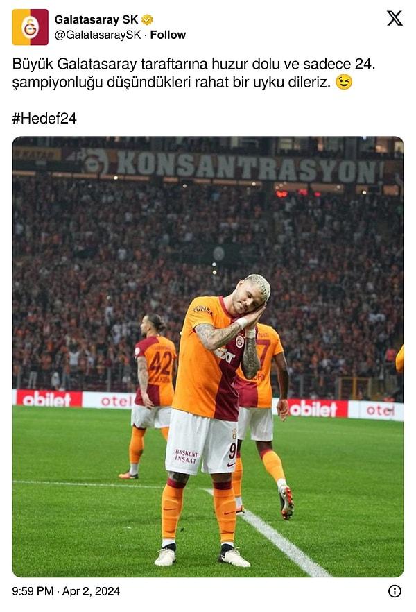 Puanını 84'e çıkaran sarı-kırmızılılar, karşılaşmanın ardından sosyal medyadan Icardi'nin gol sevincini paylaşarak taraftarlarına seslendi  👇